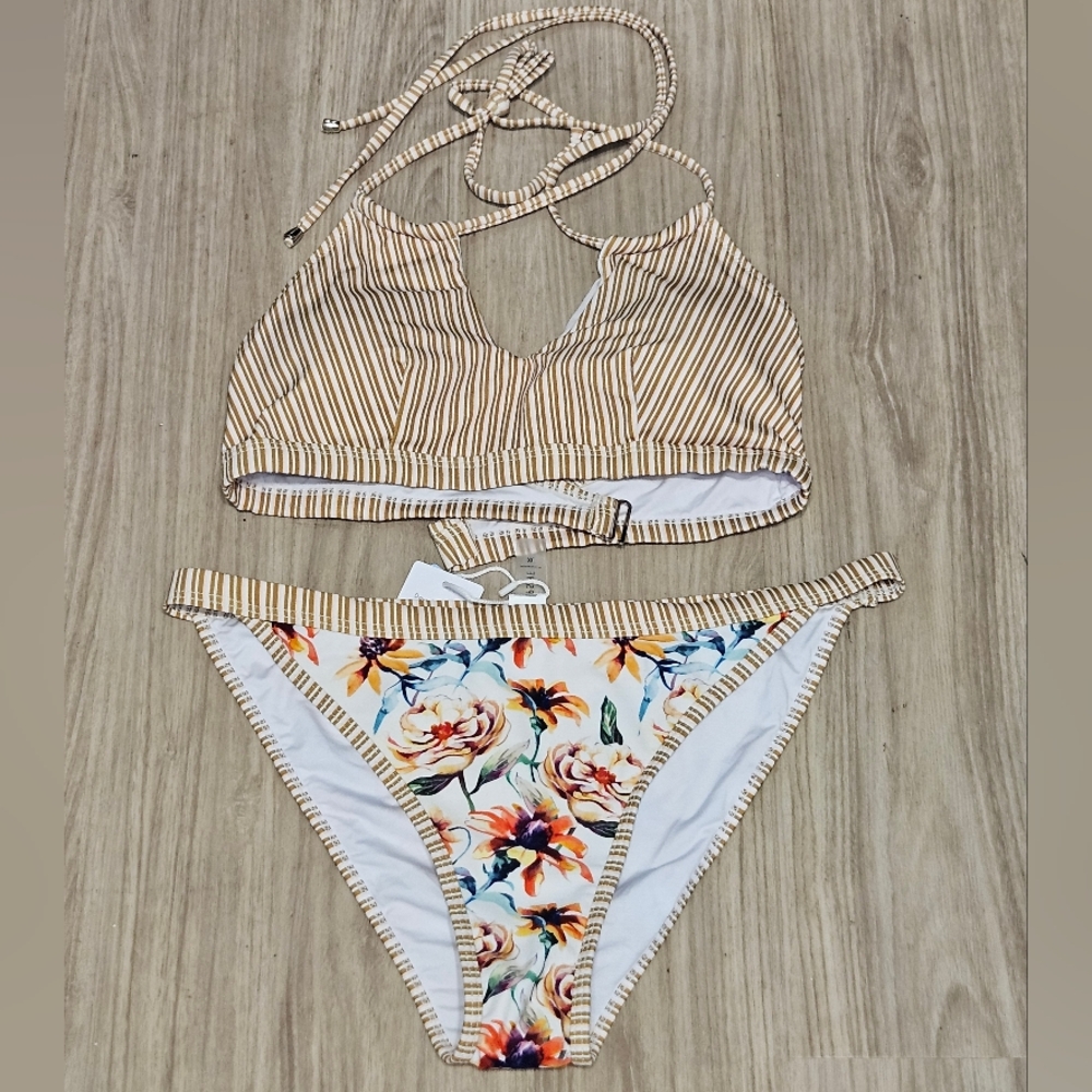 NWT Cupshe Tan Striped and Floral Two Piece Bathing Suit - Sz XL